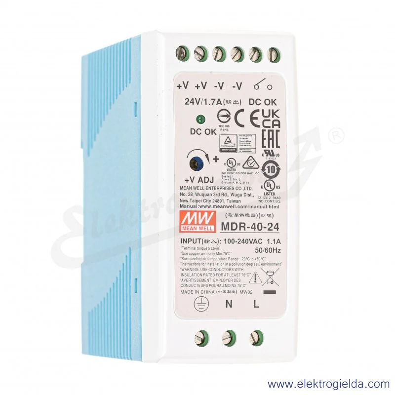 Zasilacz impulsowy MDR-40-24 napięcie zasilania 85..264VAC lub 120..370VDC, napięcie wyjściowe 24VDC, moc 40W, prąd 1.7A, montaż