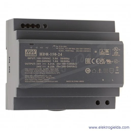 Zasilacz impulsowy HDR-150-24 na szynę DIN, napięcie zasilania 85-264VAC lub 120-370VDC, napięcie wyjściowe 24VDC, moc 150W, prą