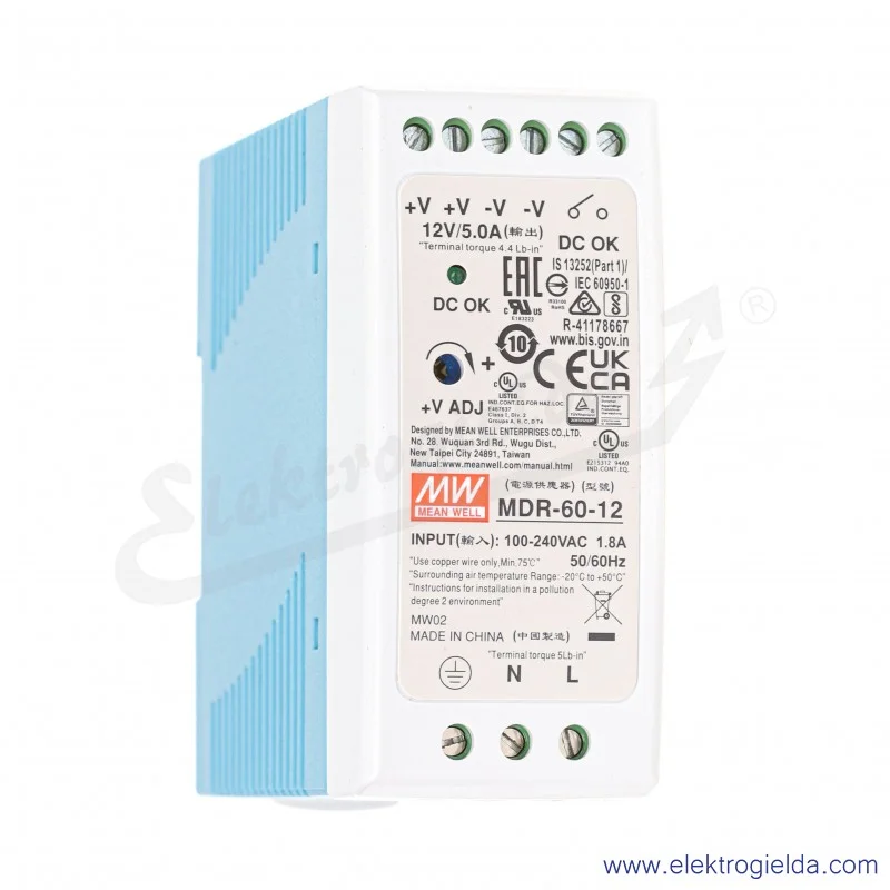Zasilacz impulsowy MDR-60-12 napięcie zasilania 85..264VAC lub 120..370VDC, napięcie wyjściowe 12VDC, moc 60W, prąd 5A, montaż D