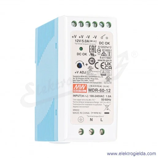 Zasilacz impulsowy MDR-60-12 napięcie zasilania 85..264VAC lub 120..370VDC, napięcie wyjściowe 12VDC, moc 60W, prąd 5A, montaż D