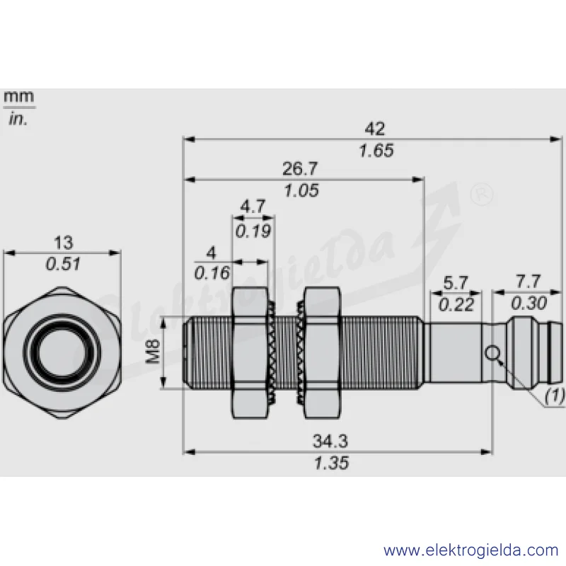 Czujnik indukcyjny XS508B1PBM8 zasięg 1.5mm PNP NC, tuleja M8, zasilanie 10..36VDC, przyłącze M8 3P, długość 42mm