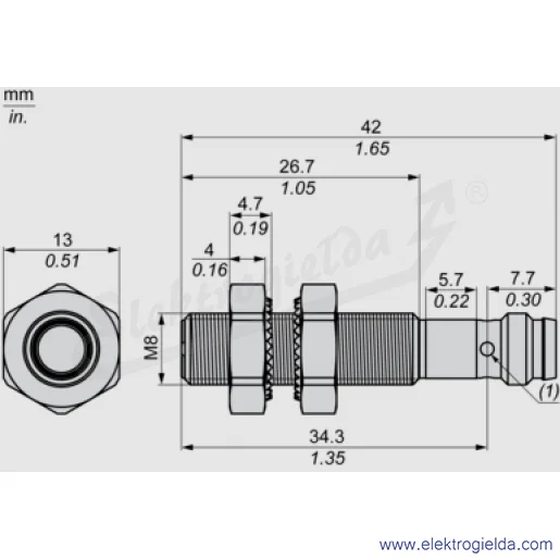 Czujnik indukcyjny XS508B1PBM8 zasięg 1.5mm PNP NC, tuleja M8, zasilanie 10..36VDC, przyłącze M8 3P, długość 42mm