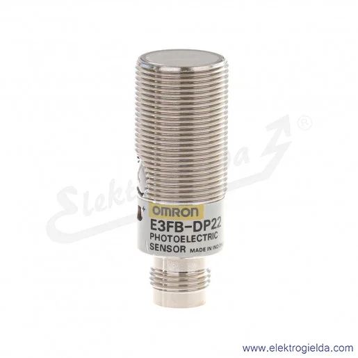Czujnik odbiciowy E3FB-DP22 zasięg 0..300mm, PNP Dark-ON lub Light-ON, zasilanie 10..30VDC, złącze M12 4P, obudowa M18 IP67