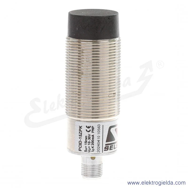 Czujnik indukcyjny PCID 15ZPK 10..30VDC, zasięg 15mm, PNP NO, tuleja M30, konektor M12 4P, długość 92mm
