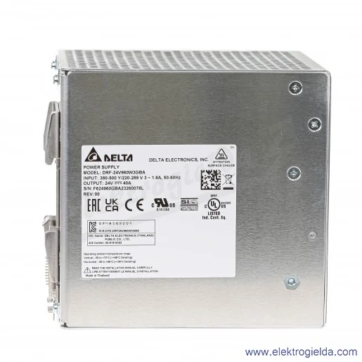 Zasilacz DRF-24V960W3GBA zasilanie 3x320..575VAC lub 2x340..575VAC, napięcie wyjściowe 24VDC 40A, moc 960W, zaciski śrubowe, mon
