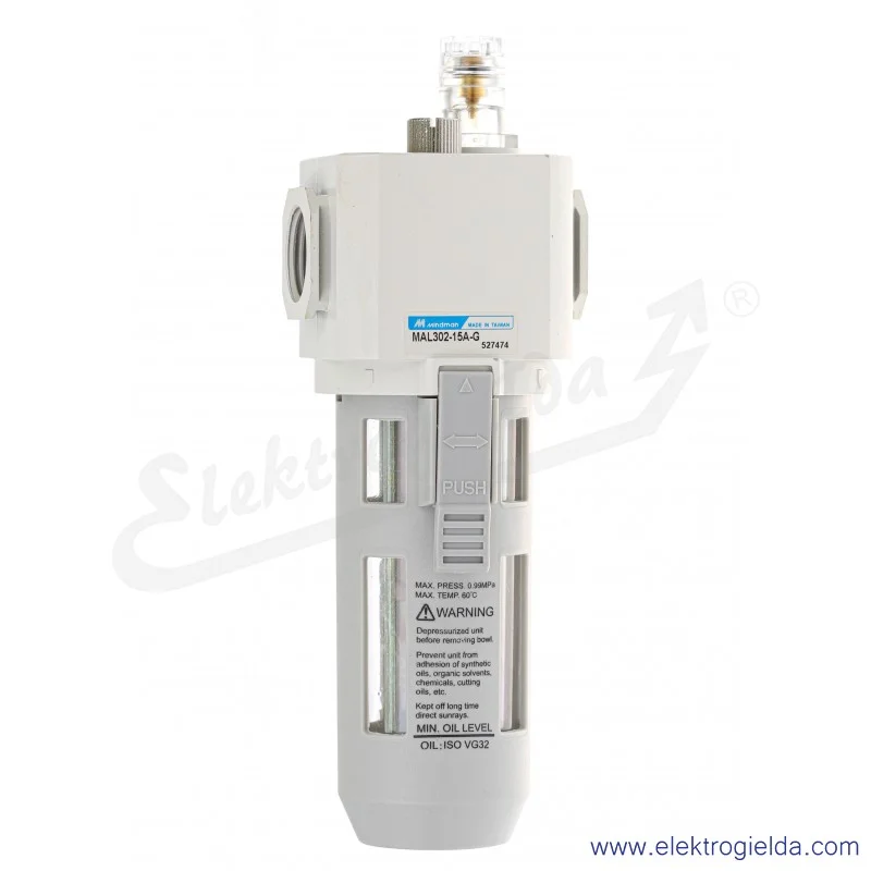 Smarownica MAL302-15A-BSP, G1/2, 0-10 Bar, miska 65 ml, punkt początkowy 60 l/min, Mindman