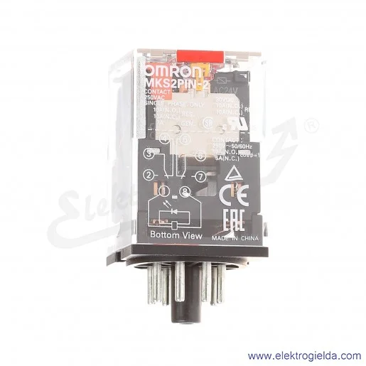 Przekaźnik elektromagnetyczny MKS2PIN2AC24 24VAC 10A DPDT, napięcie przełączane 250VAC/DC, gniazdo okrągłe 8-pin