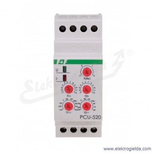 Przekaźnik czasowy PCU-520-24V, 24VAC/DC , 2x8A, 0,1s-24h, nastawa 2 czasów t1 t2, 2NO2NC, uniwersalny, montaż DIN