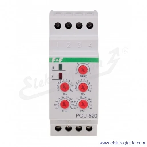Przekaźnik czasowy PCU-520, 230VAC, 2x8A, 0,1s-24h, nastawa dwóch czasów t1 t2, 2NO2NC, uniwersalny, montaż DIN