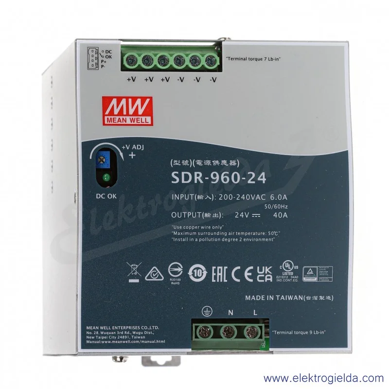 Zasilacz impulsowy SDR-960-24 960W, napięcie zasilania 180..264VAC lub 254..370VDC, napięcie wyjściowe 24..28VDC 40A