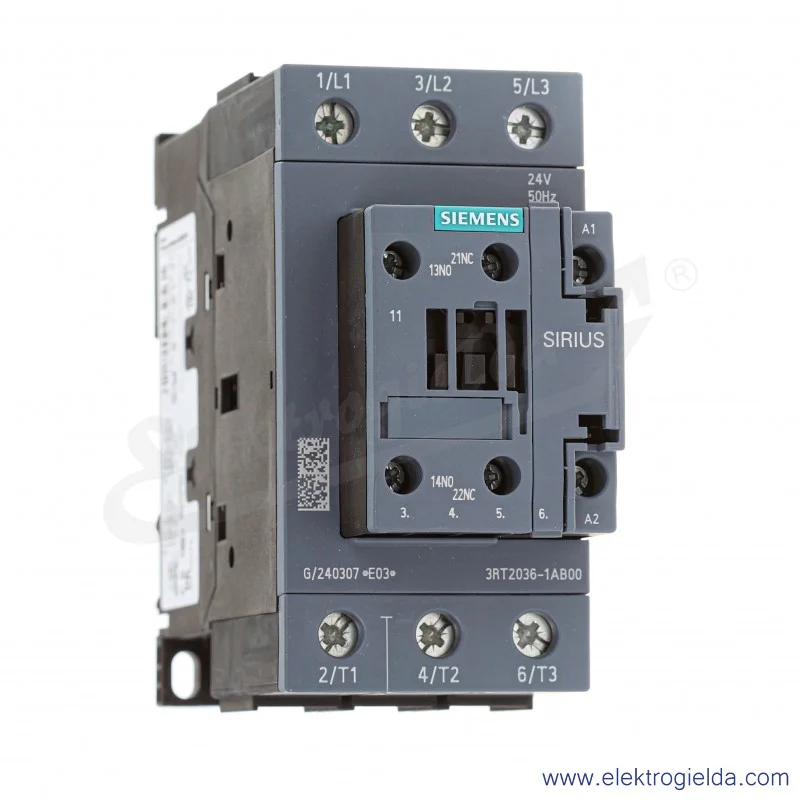 Stycznik mocy 3RT2036-1AB00 AC-3, 22 KW/400 V, 1NO+1NC, 24VAC, 50HZ, 3-biegunowy, wielkość S2, zaciski śrubowe