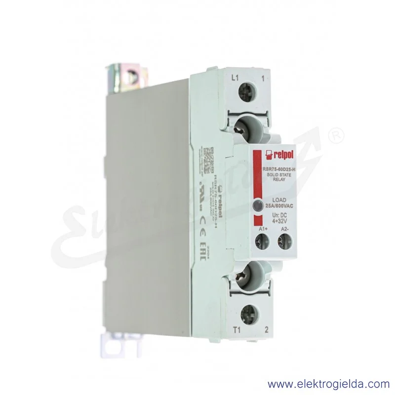 Przekaźnik półprzewodnikowy 2616402, RSR75-60D25-H 4-32VDC 25A 24-660VAC jednofazowy, załączanie w zerze z radiatorem na szynę T