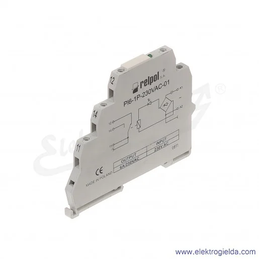 Przekaźnik interfejsowy PI6-1P-230VAC-01 z wyjściem stykowym 1P styki złocone Przekaźnik interfejsowy PI6-1P-230VAC-01 z wyjściem stykowym 1P styki złocone