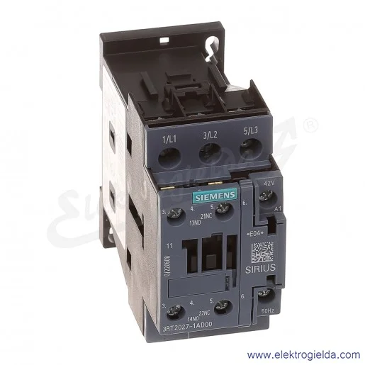 Stycznik 3RT2027-1AD00, AC-3, 15 KW/400 V, 1 NO+1 NC, AC 42 V 50HZ, 3-BIEG., wielkość S0 Stycznik 3RT2027-1AD00, AC-3, 15 KW/400 V, 1 NO+1 NC, AC 42 V 50HZ, 3-BIEG., wielkość S0