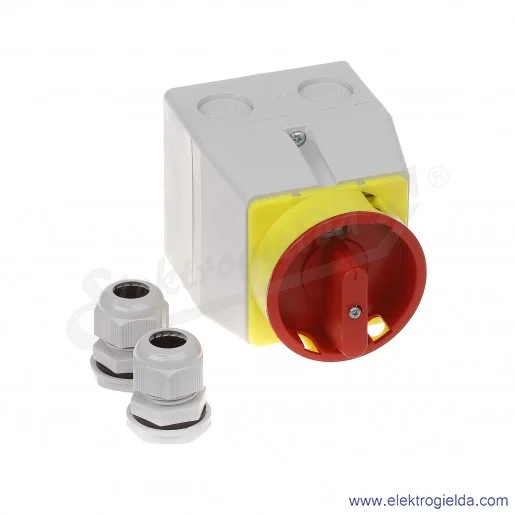 Łącznik krzywkowy kłódka S25JPUM1103 A6R 25A 0-1 3P IP65 żółto-czerwony w obudowie Łącznik krzywkowy kłódka S25JPUM1103 A6R 25A 0-1 3P IP65 żółto-czerwony w obudowie