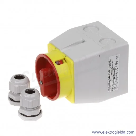 Łącznik krzywkowy kłódka S25JPUM1103 A6R 25A 0-1 3P IP65 żółto-czerwony w obudowie Łącznik krzywkowy kłódka S25JPUM1103 A6R 25A 0-1 3P IP65 żółto-czerwony w obudowie