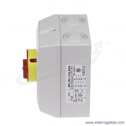 Łącznik krzywkowy kłódka S63JPU1103 A6R 63A 0-1 3P IP65 żółto-czerwony w obudowie Łącznik krzywkowy kłódka S63JPU1103 A6R 63A 0-1 3P IP65 żółto-czerwony w obudowie