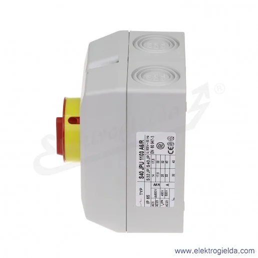 Łącznik krzywkowy kłódka S40JPU1103 A6R 40A 0-1 3P IP65 żółto-czerwony w obudowie Łącznik krzywkowy kłódka S40JPU1103 A6R 40A 0-1 3P IP65 żółto-czerwony w obudowie