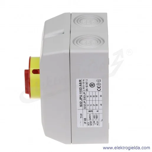 Lącznik krzywkowy kłódka S32JPU1103 A6R 32A 0-1 3P IP65 żółto-czerwony w obudowie Lącznik krzywkowy kłódka S32JPU1103 A6R 32A 0-1 3P IP65 żółto-czerwony w obudowie
