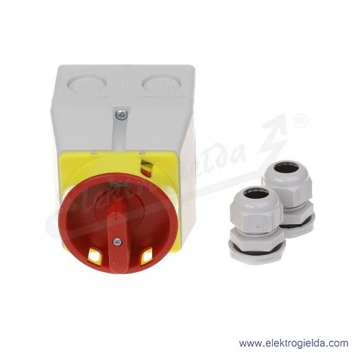 Łącznik krzywkowy kłódka S16JPUM1103 A6R 16A 0-1 3P IP65 żółto-czerwony w obudowie Łącznik krzywkowy kłódka S16JPUM1103 A6R 16A 0-1 3P IP65 żółto-czerwony w obudowie