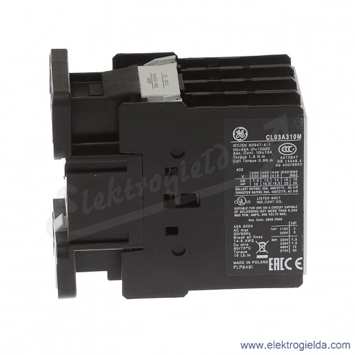 Stycznik CL03A310M6 230V AC 50/60 HZ, 1NO, 12KW/400V AC-3, 45A AC-1, 3-polowy Stycznik CL03A310M6 230V AC 50/60 HZ, 1NO, 12KW/400V AC-3, 45A AC-1, 3-polowy