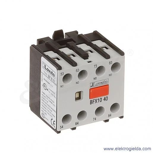 Styki pomocnicze BFX1040 4NO montaż czołowy, zaciski śrubowe, do styczników BF Styki pomocnicze BFX1040 4NO montaż czołowy, zaciski śrubowe, do styczników BF