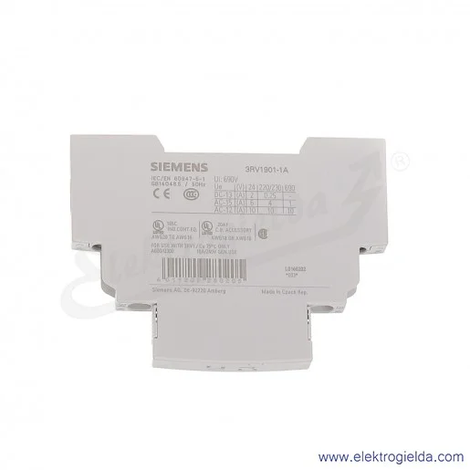 Styk pomocniczy 3RV1901-1A BOCZNY 1NO + 1NC, DO WYŁĄCZNIKÓW WIELKOŚCI S00…S3 Styk pomocniczy 3RV1901-1A BOCZNY 1NO + 1NC, DO WYŁĄCZNIKÓW WIELKOŚCI S00…S3