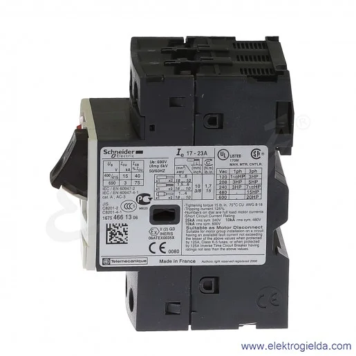 Wyłącznik silnikowy termomagnetyczny GV2ME21 napęd przyciskowy 17-23A zaciski skrzynkowe Wyłącznik silnikowy termomagnetyczny GV2ME21 napęd przyciskowy 17-23A zaciski skrzynkowe
