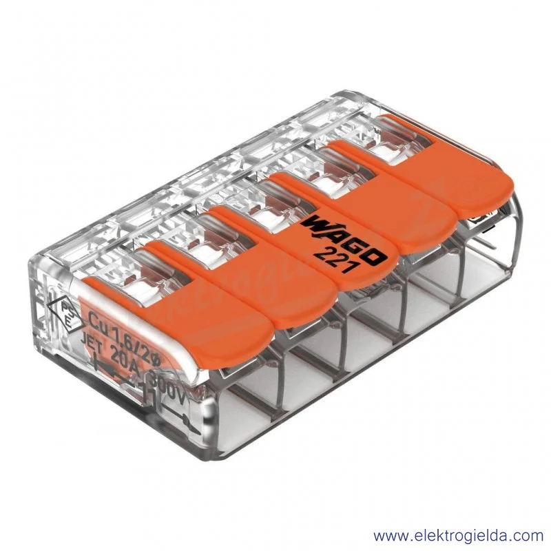 Szybkozłączka z dźwignią 221-415, 5x4mm2, przekrój przewodu 0.14-4mm2 Szybkozłączka z dźwignią 221-415, 5x4mm2, przekrój przewodu 0.14-4mm2