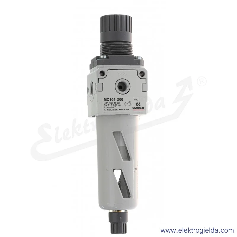 Filtroreduktor MC104-D00, G1/4, zakres regulacji 0.5-10 Bar, filtracja 25µm, 2000 l/min, ręczny spust kondensatu Filtroreduktor MC104-D00, G1/4, zakres regulacji 0.5-10 Bar, filtracja 25µm, 2000 l/min, ręczny spust kondensatu
