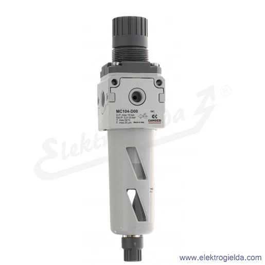 Filtroreduktor MC104-D00, G1/4, zakres regulacji 0.5-10 Bar, filtracja 25µm, 2000 l/min, ręczny spust kondensatu Filtroreduktor MC104-D00, G1/4, zakres regulacji 0.5-10 Bar, filtracja 25µm, 2000 l/min, ręczny spust kondensatu