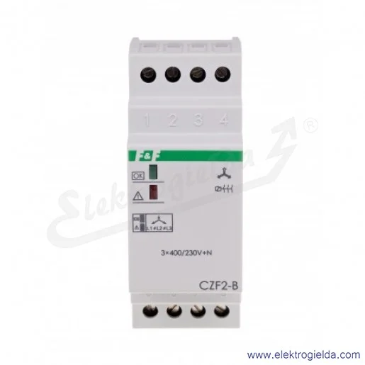 Przekaźnik kontroli faz CZF-2B, 3×400V+N, Io 10a, czujnik zaniku faz z kontrolą stycznika, montaż DIN