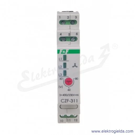 Przekaźnik kontroli faz CZF 311, 3×400V+N,Io 10a, czujnik zaniku i asymetrii faz z regulowanym progiem asymetrii,regulator napię