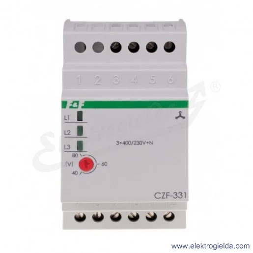 Przekaźnik kontroli faz CZF 331, 3×400V+N, Io 2x8a, czujnik zaniku i asymetrii faz, 2NO 2NC, regulator napięcia zadziałania, mon