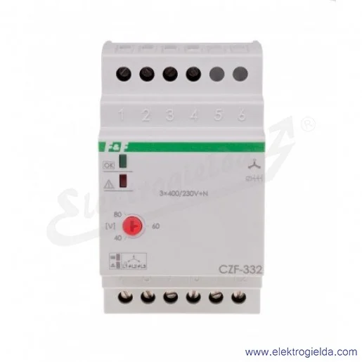 Przekażnik kontroli napięcia CZF 332, 3×400V+N, 10A, czujnik zaniku faz z kontrolą stycznika,1NO 1NC, montaż DIN
