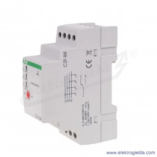 Przekaźnik kontroli faz CZF-BR, 3×400V+N, 10A, czujnik zaniku i asymetrii faz z regulowanym progiem asymetrii, montaż DIN