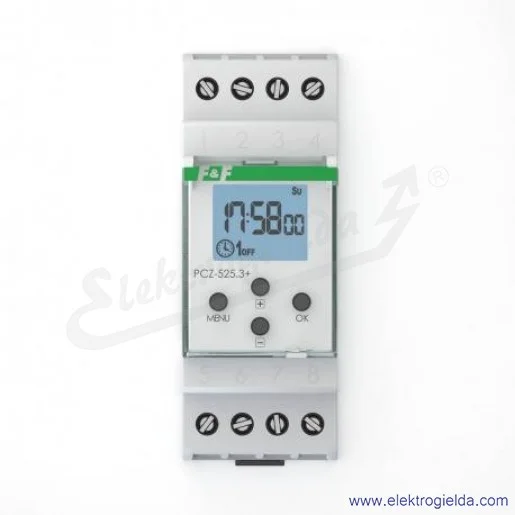 Zegar astronomiczny PCZ-525.3-PLUS, z przerwą nocną, 24...264VAC/DC, wyzwalanie +/L/N, 16A, 1NO1NC, montaż DIN Zegar astronomiczny PCZ-525.3-PLUS, z przerwą nocną, 24...264VAC/DC, wyzwalanie +/L/N, 16A, 1NO1NC, montaż DIN