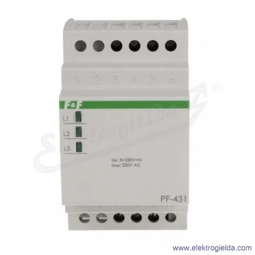 Przekaźnik kontroli faz PF-431, 3x230V+N, 16A, automatyczny przełącznik, z fazą priorytetową, montaż DIN