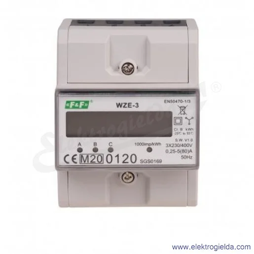 Licznik zużycia energii WZE-3, trójfazowy, 3x230/400V+N, 80A, montaż DIN, MID 2014/32/EU