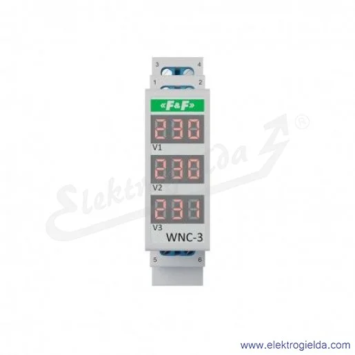 Wskaźnik napięcia WNC-3, trójfazowy, 80-500VAC, 3x 3-cyfrowy LED, montaż DIN Wskaźnik napięcia WNC-3, trójfazowy, 80-500VAC, 3x 3-cyfrowy LED, montaż DIN