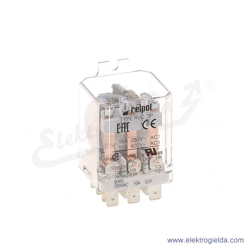 Przekaźnik elektromagnetyczny RUC-1013-4A-5230 3P 230VAC w obudowie z uchwytami montażowymi, faston Przekaźnik elektromagnetyczny RUC-1013-4A-5230 3P 230VAC w obudowie z uchwytami montażowymi, faston