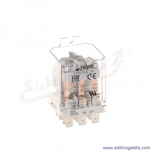 Przekaźnik elektromagnetyczny RUC-1013-4A-5230 3P 230VAC w obudowie z uchwytami montażowymi, faston Przekaźnik elektromagnetyczny RUC-1013-4A-5230 3P 230VAC w obudowie z uchwytami montażowymi, faston