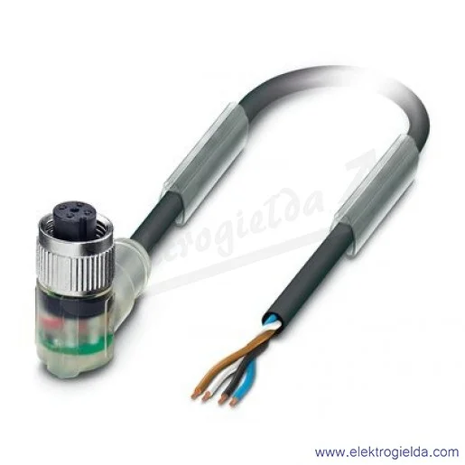 Przewód z gniazdem 1668302, SAC-4P-5,0-PUR/M12FR-3L, 4P, M12, 5m, z LED, kątowe, z wolnym końcem przewodów Przewód z gniazdem 1668302, SAC-4P-5,0-PUR/M12FR-3L, 4P, M12, 5m, z LED, kątowe, z wolnym końcem przewodów