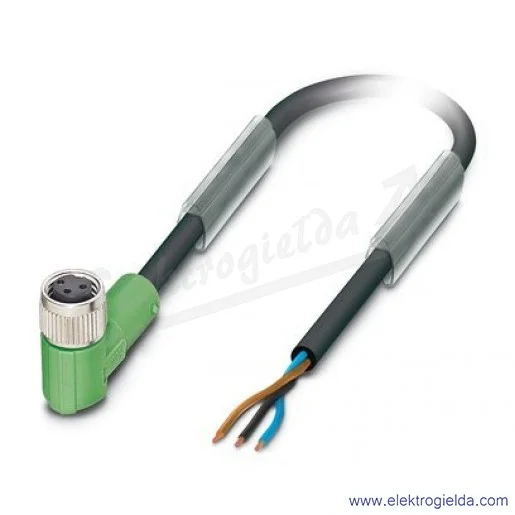 Przewód z gniazdem 1669631, SAC-3P-5,0-PUR/M8FR, 3P, M8, 5m, kątowe, z wolnym końcem przewodów Przewód z gniazdem 1669631, SAC-3P-5,0-PUR/M8FR, 3P, M8, 5m, kątowe, z wolnym końcem przewodów