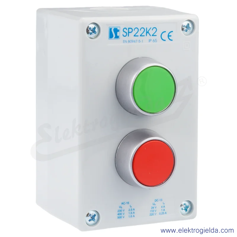 Kaseta sterownicza kompletna SP22 K2 KZ+KC 2-otworowa, przycisk czerwony, przycisk zielony Kaseta sterownicza kompletna SP22 K2 KZ+KC 2-otworowa, przycisk czerwony, przycisk zielony