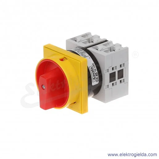 Łącznik krzywkowy GX4010U65 0-1, 3 tory 32A, AC3/400V 15KW, pokrętło żółto-czerwone z możliwością blokady, bez obudowy Łącznik krzywkowy GX4010U65 0-1, 3 tory 32A, AC3/400V 15KW, pokrętło żółto-czerwone z możliwością blokady, bez obudowy