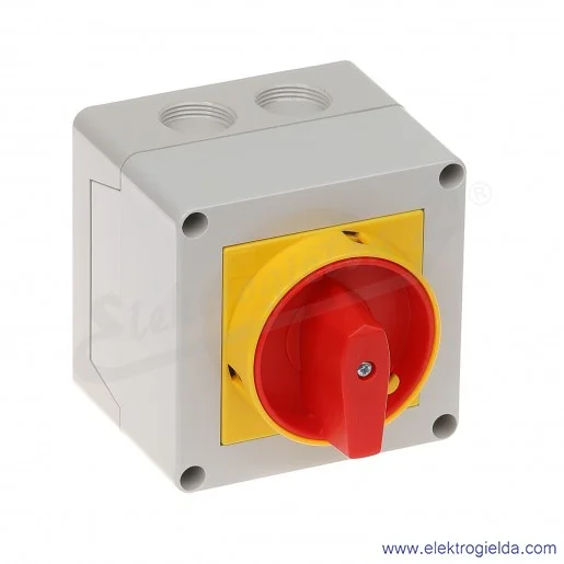 Łącznik GX2010P25 0-1, 3 tory 16A, AC3/400V 5,5KW pokrętło żółto-czerwone z blokadą, w obudowie IP65 Łącznik GX2010P25 0-1, 3 tory 16A, AC3/400V 5,5KW pokrętło żółto-czerwone z blokadą, w obudowie IP65