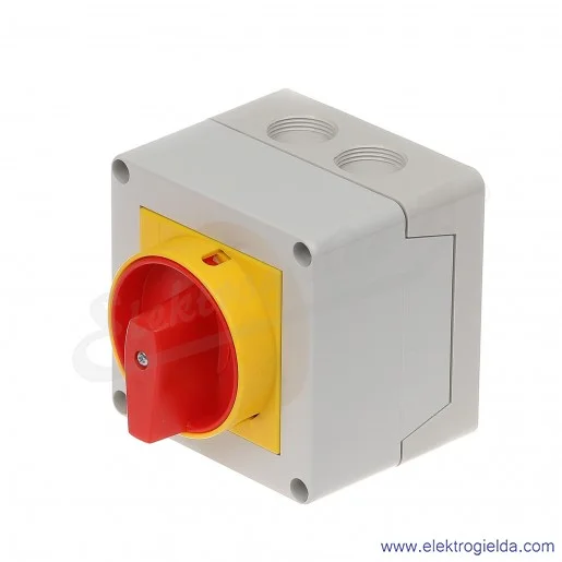 Łącznik GX2010P25 0-1, 3 tory 16A, AC3/400V 5,5KW pokrętło żółto-czerwone z blokadą, w obudowie IP65 Łącznik GX2010P25 0-1, 3 tory 16A, AC3/400V 5,5KW pokrętło żółto-czerwone z blokadą, w obudowie IP65