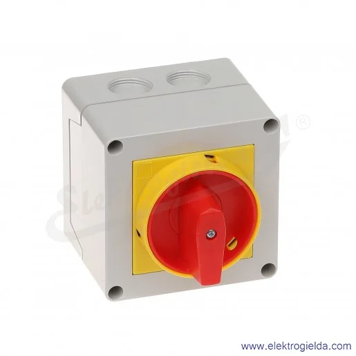 Łącznik krzywkowy GX1610P25 0-1, 3 tory 16A, AC3/400V 4,5KW pokrętło żółto-czerwone z możliwością blokady, w obudowie IP65 Łącznik krzywkowy GX1610P25 0-1, 3 tory 16A, AC3/400V 4,5KW pokrętło żółto-czerwone z możliwością blokady, w obudowie IP65