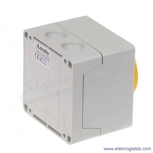 Łącznik krzywkowy GX1610P25 0-1, 3 tory 16A, AC3/400V 4,5KW pokrętło żółto-czerwone z możliwością blokady, w obudowie IP65 Łącznik krzywkowy GX1610P25 0-1, 3 tory 16A, AC3/400V 4,5KW pokrętło żółto-czerwone z możliwością blokady, w obudowie IP65